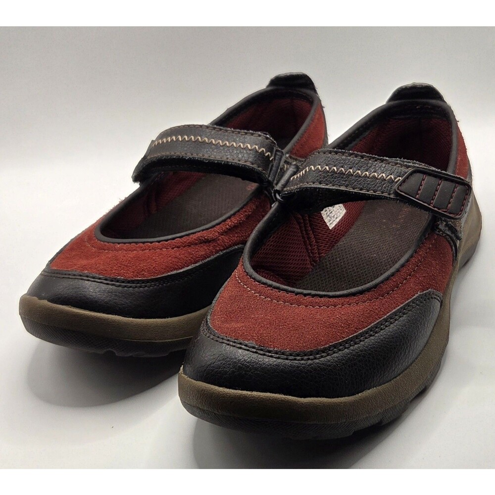 Lands' End Comfort Mary Jane Walking Shoes Burgundy Red Suede Brown Leather 6B
